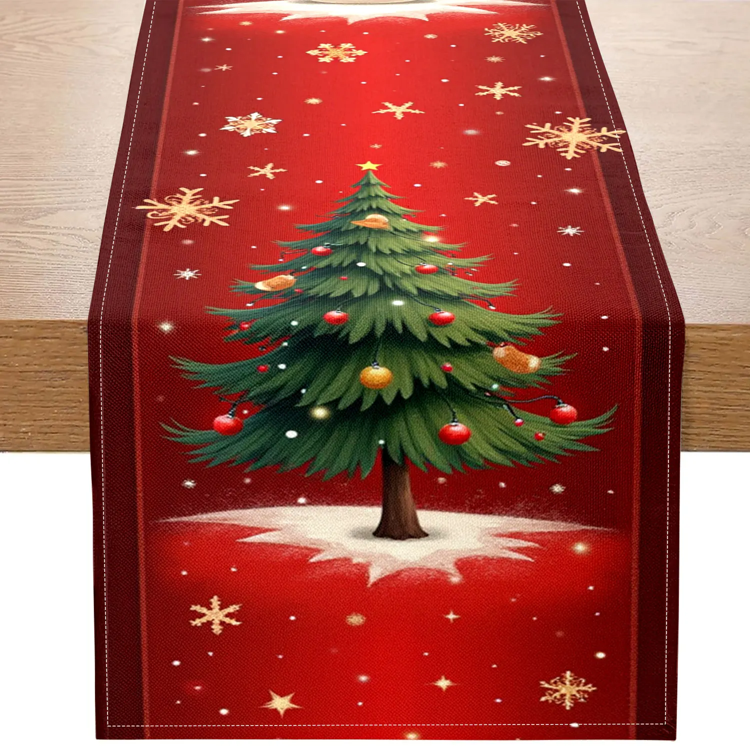 

Цельная дорожка для стола в рождественской тематике, с снеговиками, рождественскими елками и узорами снежинок, подходит для рождественских вечеринок и праздничного украшения дома
