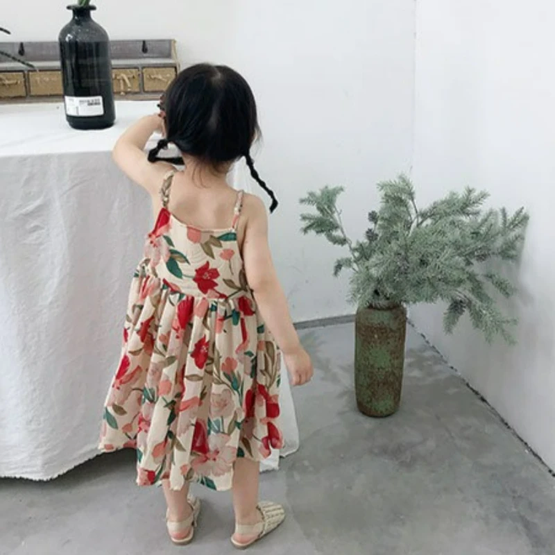 2026 Summer Girls Floral Cami Princess Dress Simple Breathable Kids One Piece Dress New Arrival Toddler Daily Outfit