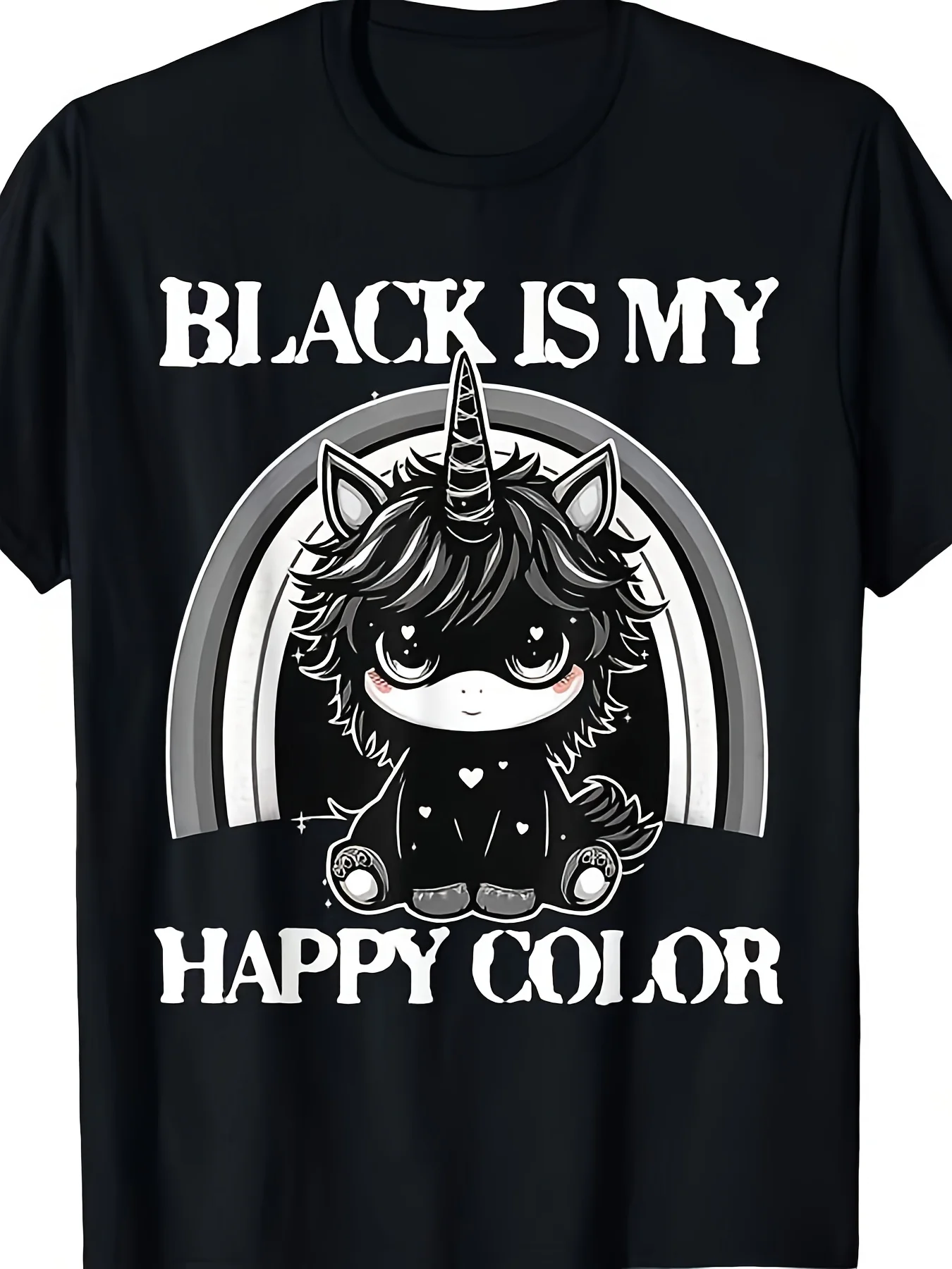 Unisex Plus Size Gothic Style Unicorn T-Shirt- Black Is My Happy Color Gothic Girl Emotional Style Pure Short Sleeve Round Neck Casual Shirt Suitable for Gothic Subculture And Emotional Fashion Plus Size