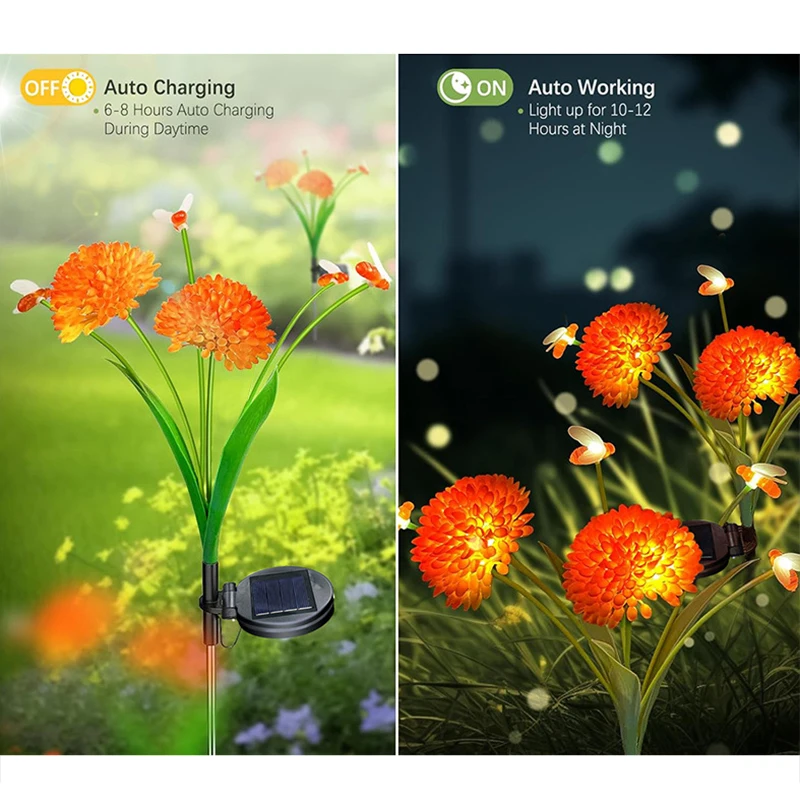 1 Solar Garden Light, Swinging Bee Light with Flowers, Waterproof Firefly Light, Garden Courtyard Path Decoration, Ladies' Gift