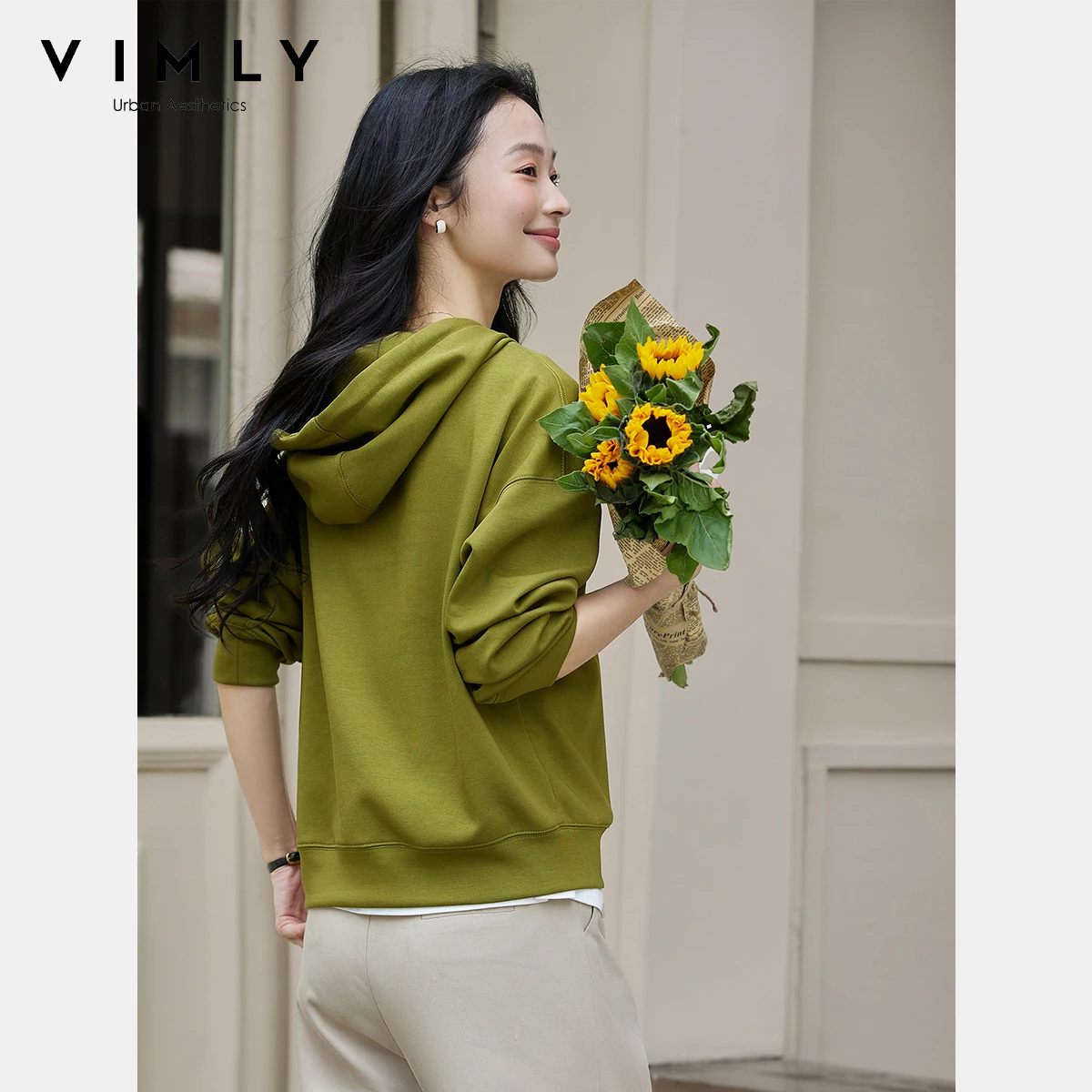 VIMLY Women Hoodies 2025 Autumn New Sports Hooded Sweatshirts Female Knitted Casual Long Sleeve draw string Ladies Tops A2075