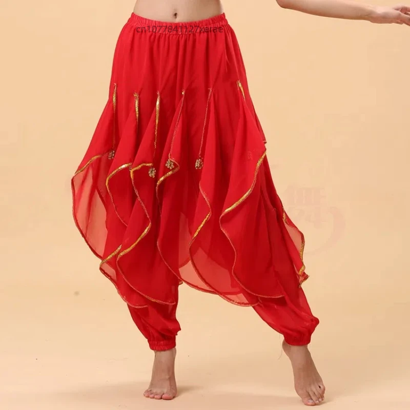 Spettacolo di costumi di danza indiana per adulti, nuovo vestito per la pratica della danza del ventre, pantaloni rotanti con bordo dorato in chiffon per praticare le abilità