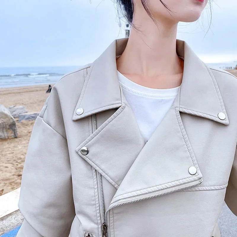 Leather Coat Women\'s Spring Autumn 2023 Thin Short Off White Loose New Casual PU Motorcycle Style Outwear Solid Color Commuter