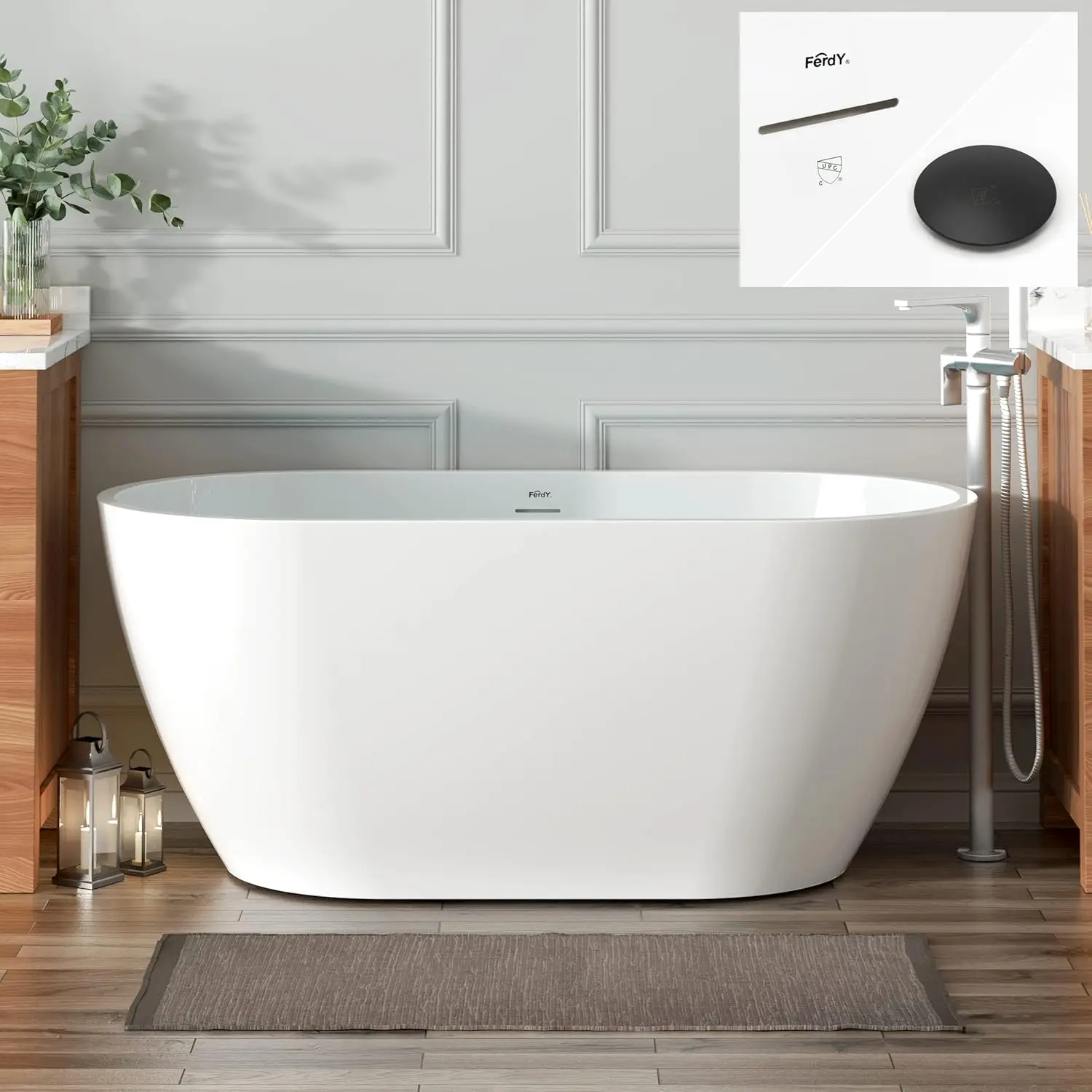 Bali Acrylic Freestanding Bathtub, Gracefully Shaped Freestanding Soaking Bathtub