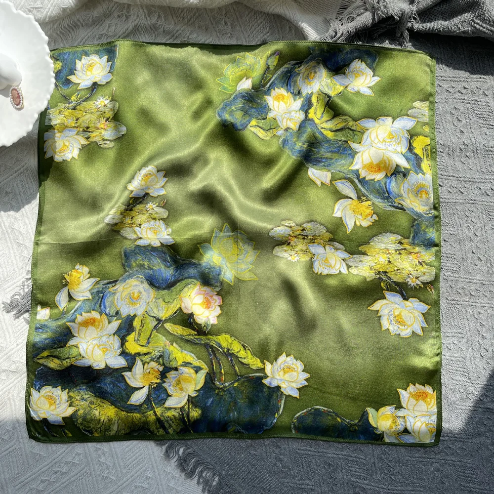 

Oil painting lake green water lily pond printed silk scarf women 53cm square scarf sun protection fashion scarf
