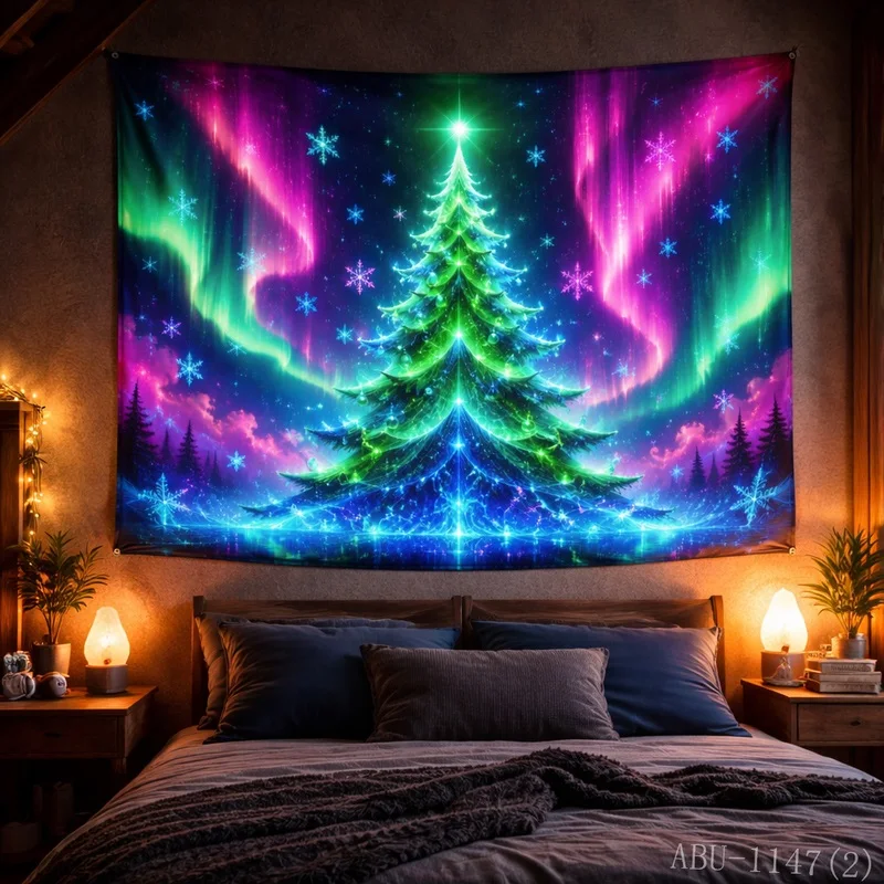 VIKAMA Christmas Tree Blacklight Neon Glow Tapestry Wall Hanging, Wall Art for Bedroom Dorm Party Game Room Bar Decor