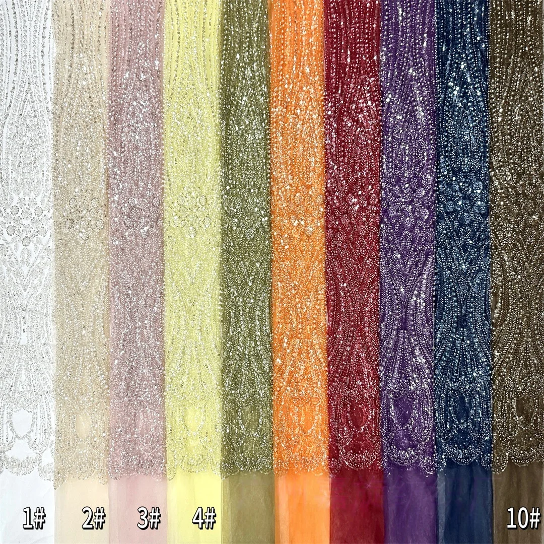 10 Color Luxury African Bridal Dress Beaded Pearl Sequin Embellishment Embroidered Lace Fabric Wedding Evening Gown Material