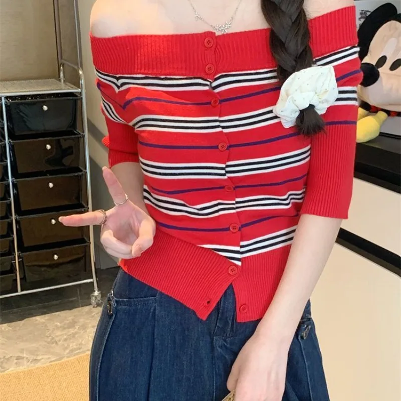 Nice Women Clothing Autumn Fashion Korean Button Striped Slash Neck Female All-match Temperament Knitting Appear Thin Slim Top T