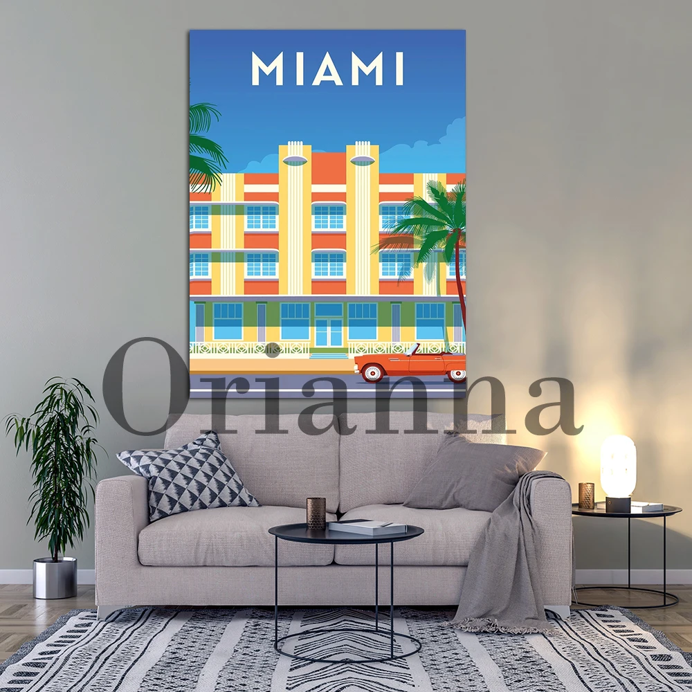 America Florida Miami Beach Car Retro Travel Wall Art Canvas Prints Posters Modern Living Room Bedroom Office Decor Painting