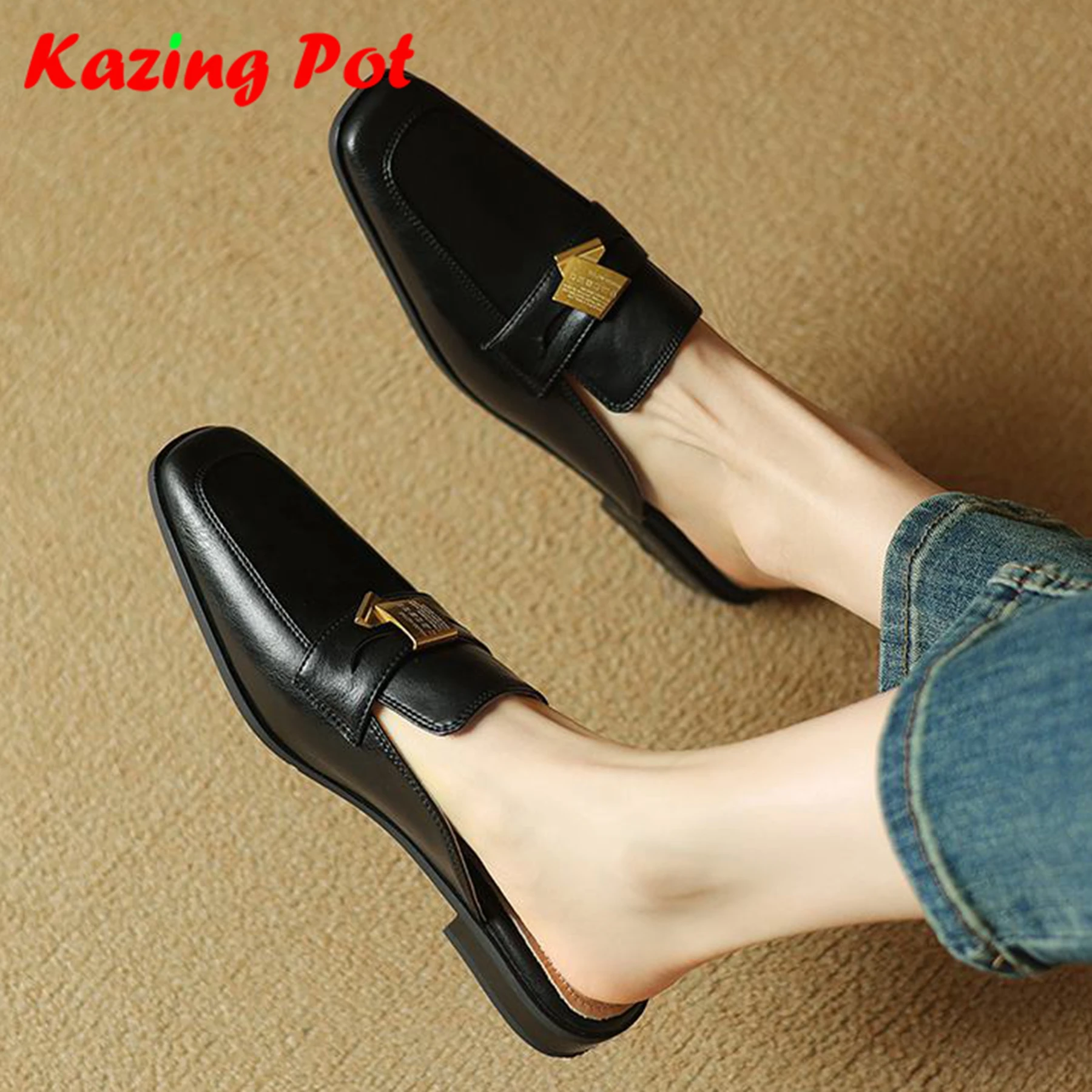 

Krazing Pot Full Grain Leather Mules Summer Shoes Slip On Cozy Square Toe Women Casual Metal Decoration Fashion Outside Slippers