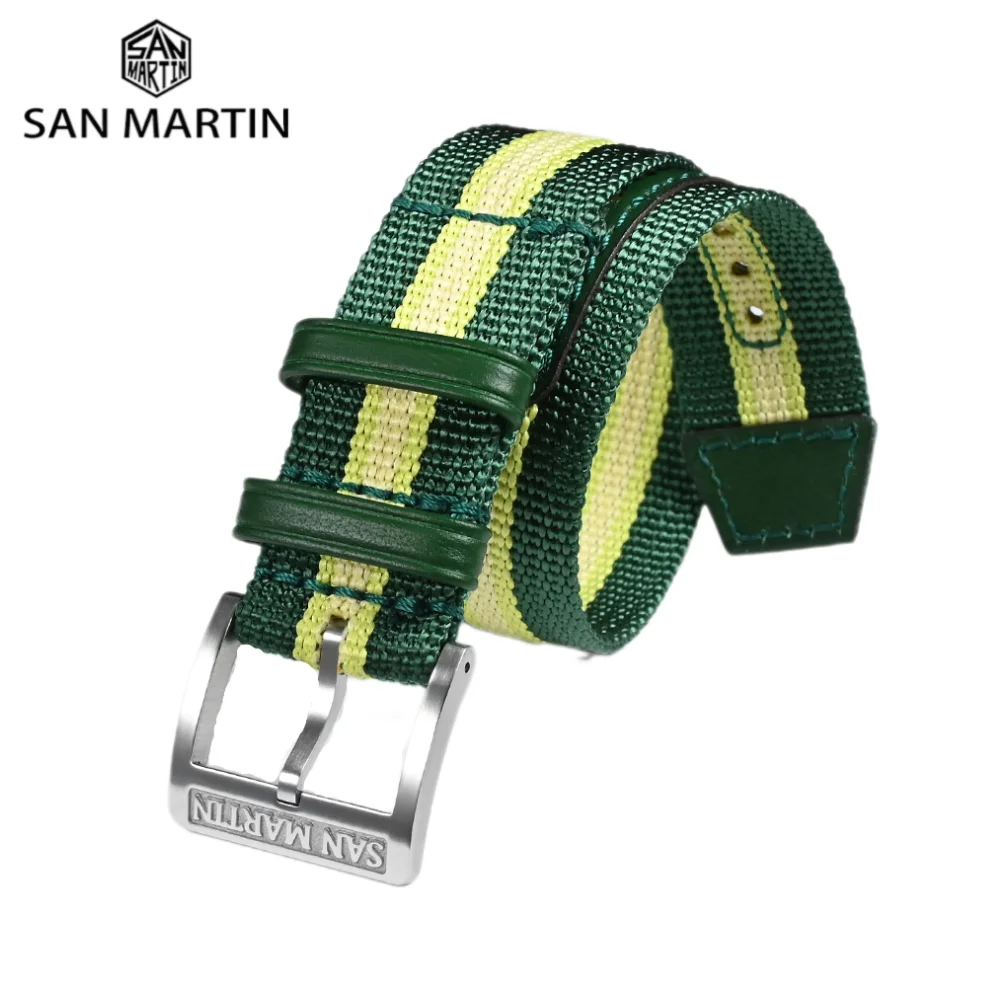 

San Martin One Piece Watchband 20mm Leather Nylon Strap Pin Buckle One Piece Contrast Color Band Fashion ремешок Correa SN0116