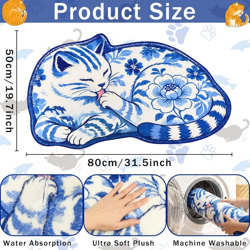 VIKAMA Blue White Porcelain Cat Shaped Bath Mat Soft Fluffy Anti Slip Water Absorbent Floral Kitten Bathroom Floor Home Decor