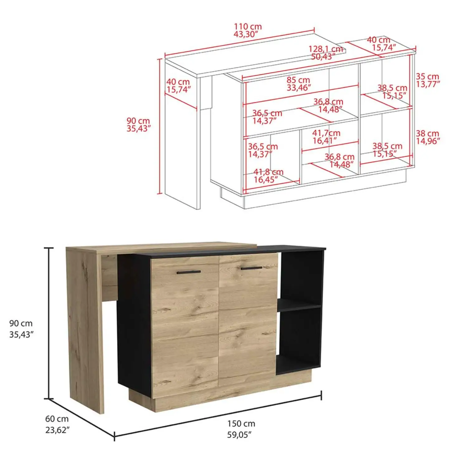 Sicilia Kitchen Island, Two  External Shelves, Double Door Cabinets, Three Shelves Black / Light Oak