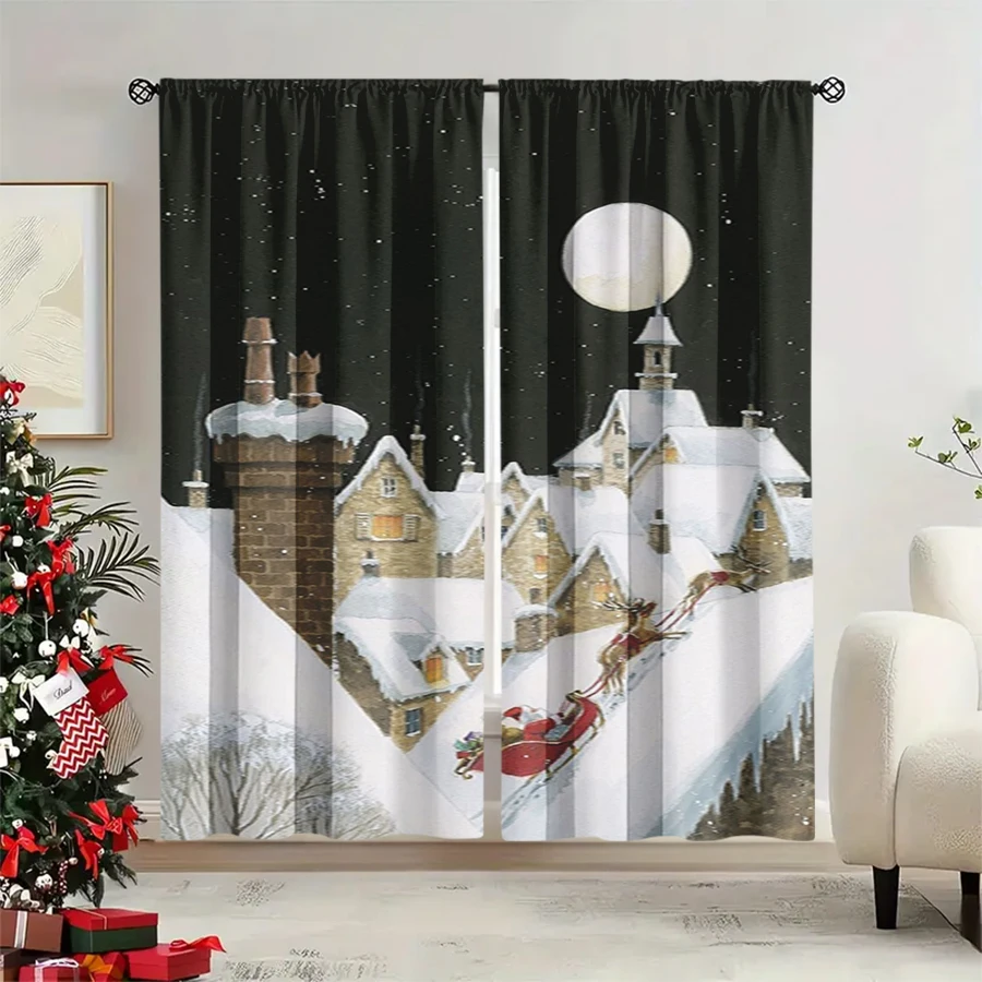 2PCS Christmas Winter Curtains, Night Snow Cabin Chimney Santa Sleigh Moon, Digital Print, Bedroom Living Room, Home Decor