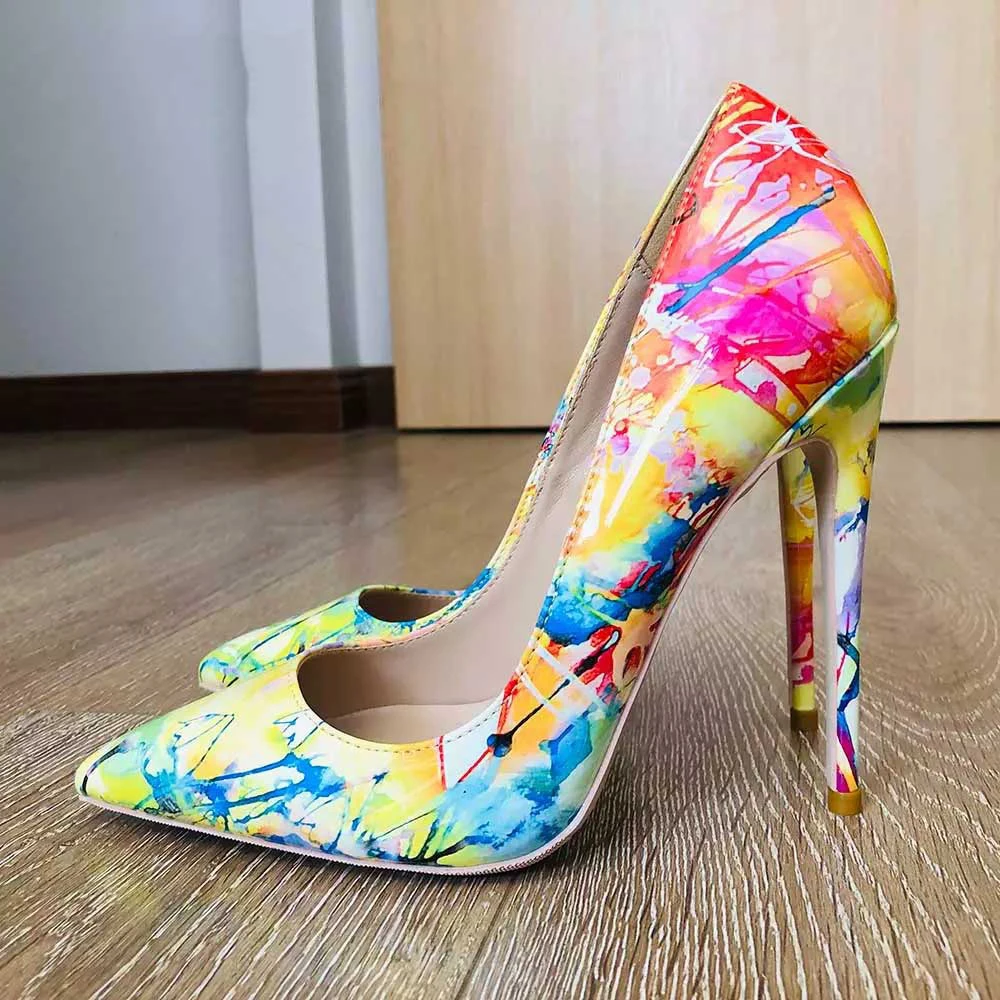 Women pumps printing yellow Hawaii Style Women Oil Painting sexy pointed toe 12cm high heel party wedding shoes stilettos QP008