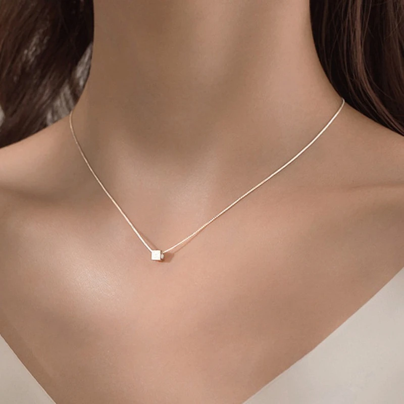 

New 925 Sterling Silver Geometry Square Necklace Pendant Clavicle Chain For Women Wedding Party Trend Jewelry