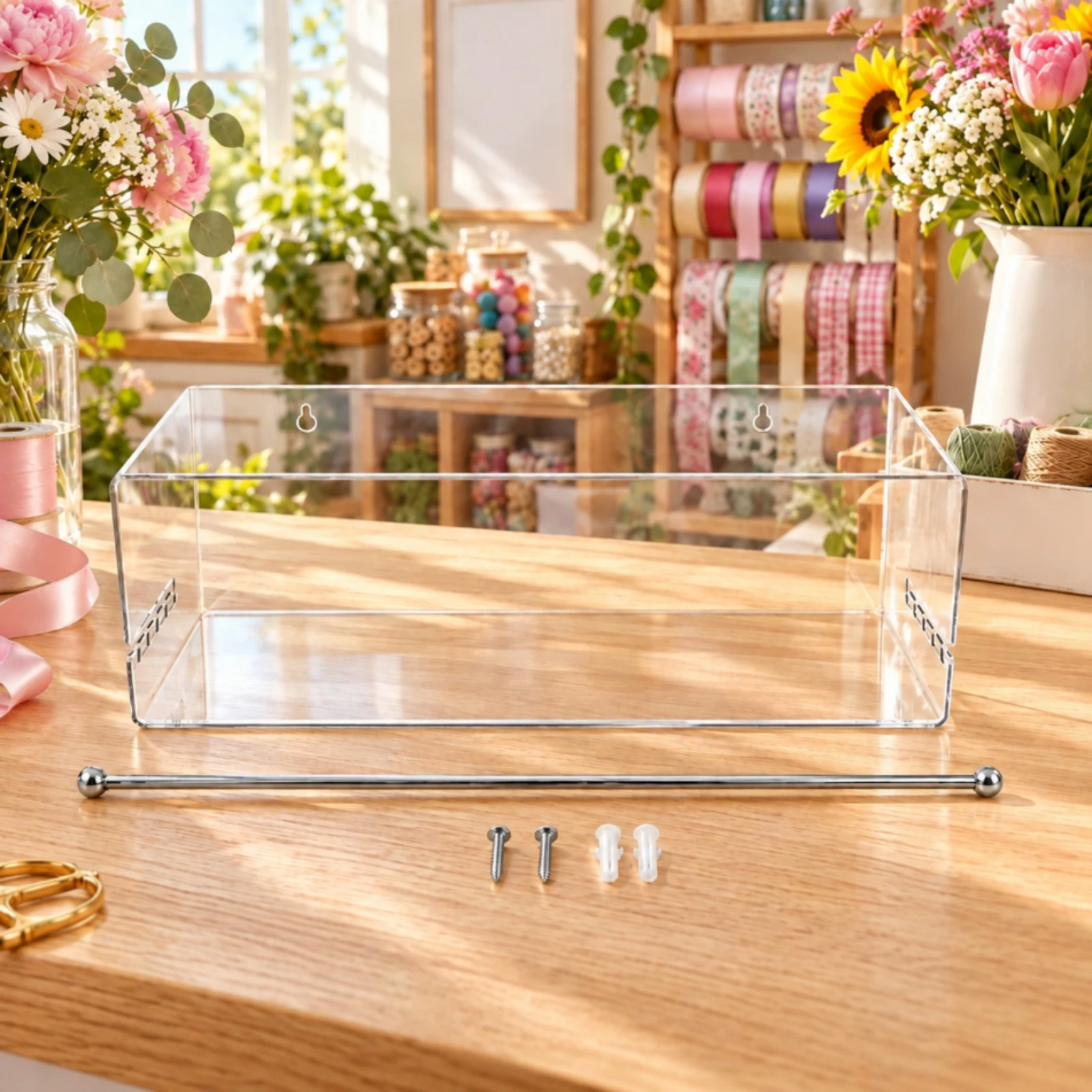 Clear Plastic Ribbon Rack with Metal Rod Space-Saving Wall-Mounted Ribbon Storage Rack Large Capacity Compact for Crafters