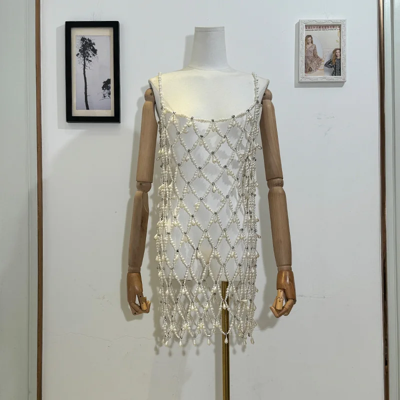 Fashion Sexy Cutout Mini Dress Spring Summer Seaside Holiday Handmade Beaded See-through Diamond Strap Dress for Women