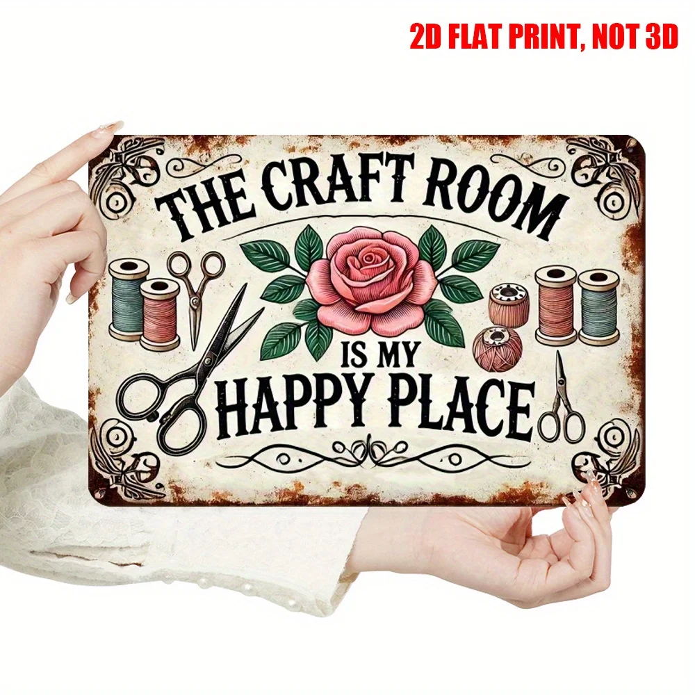 شعار معدني مسطح ريترو ستوديو ثنائي الأبعاد، 12 * 8 بوصة تأثيرات بصرية ملونة لوحة زخرفية مع مقص، مخطوطات، توضيح زهور