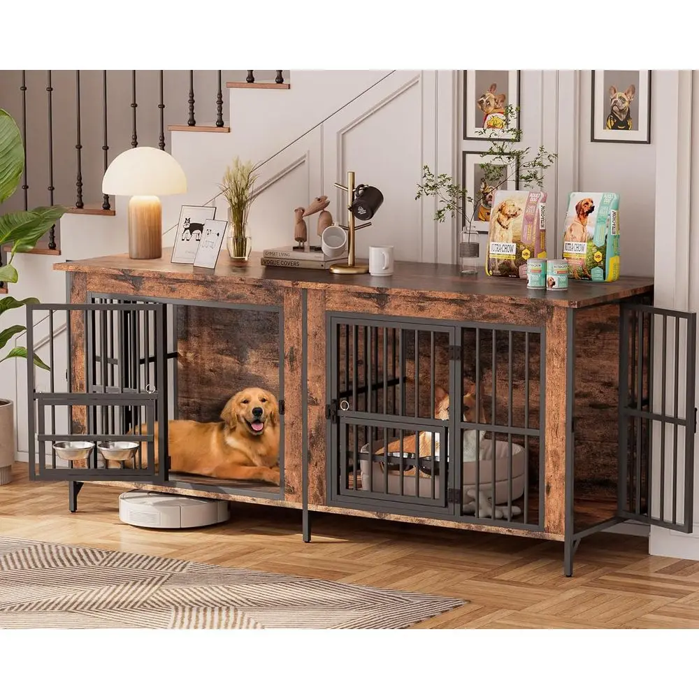 

Extra Large Wooden Dog Crate for Two, Removable Divider, Indoor XXL Kennel with Swivel Bowls, Heavy-Duty TV Stand Style (78.7L x