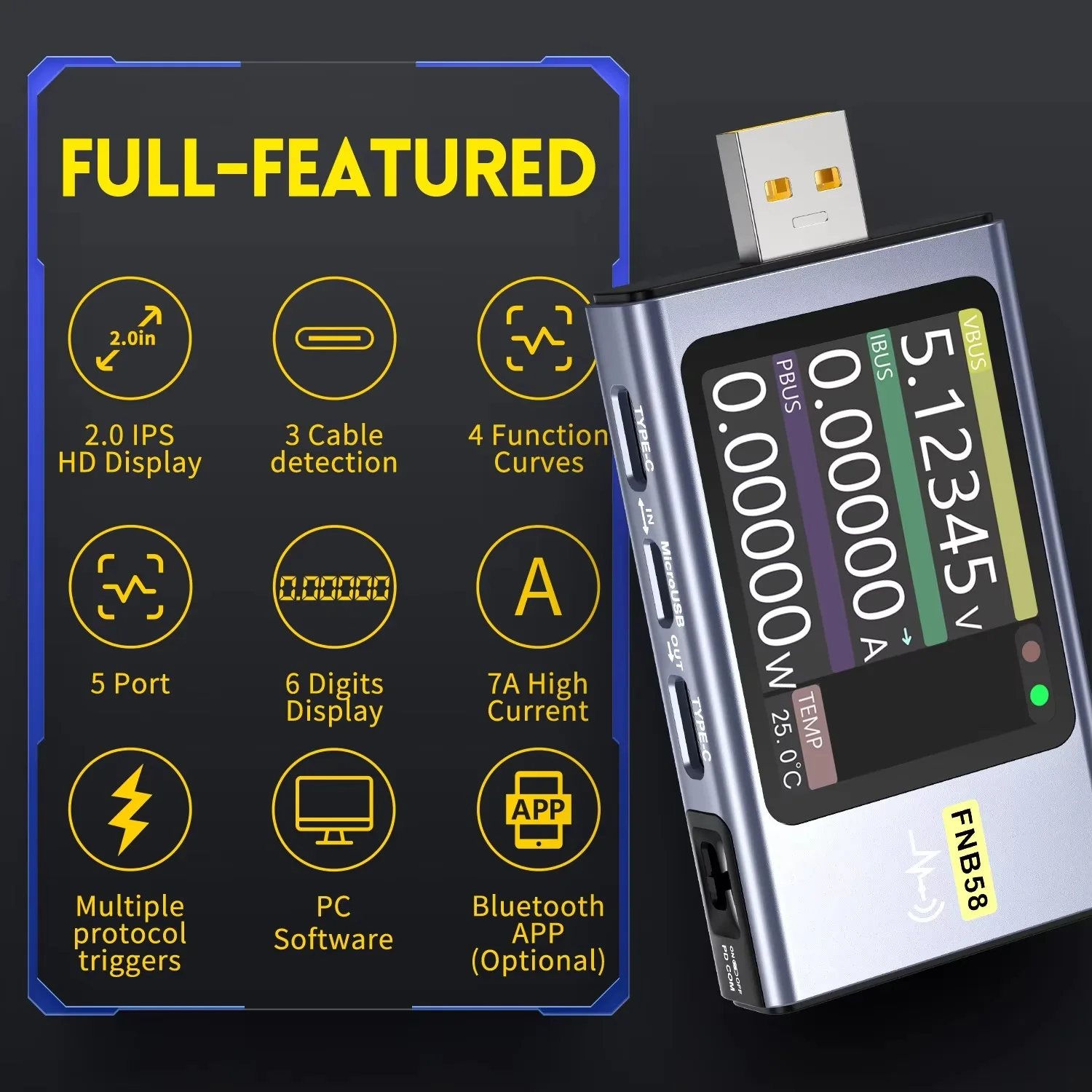 FNIRSI FNB58 USB Tester Voltage Current Power Meter Type-C Fast Charging Protocol Detection Capacitance and Ripple Measurement