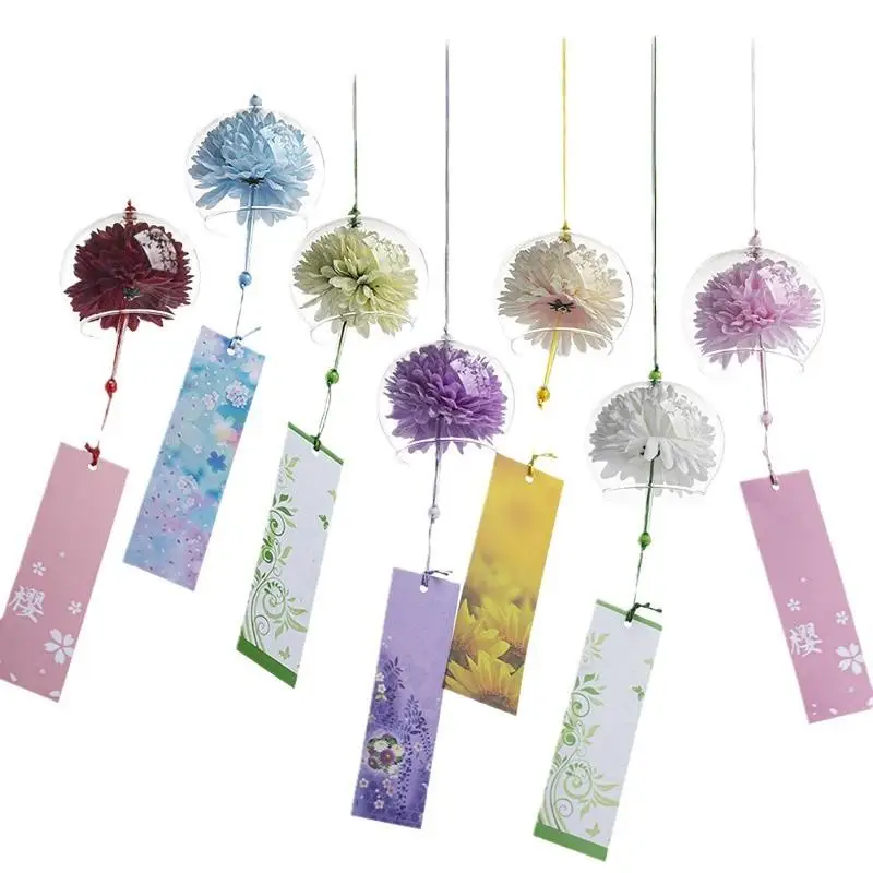 Japanese Style Glass Wind Bell With Artificial Flower Hanging Wind Chime Ornament For Home Window Garden Office Decor