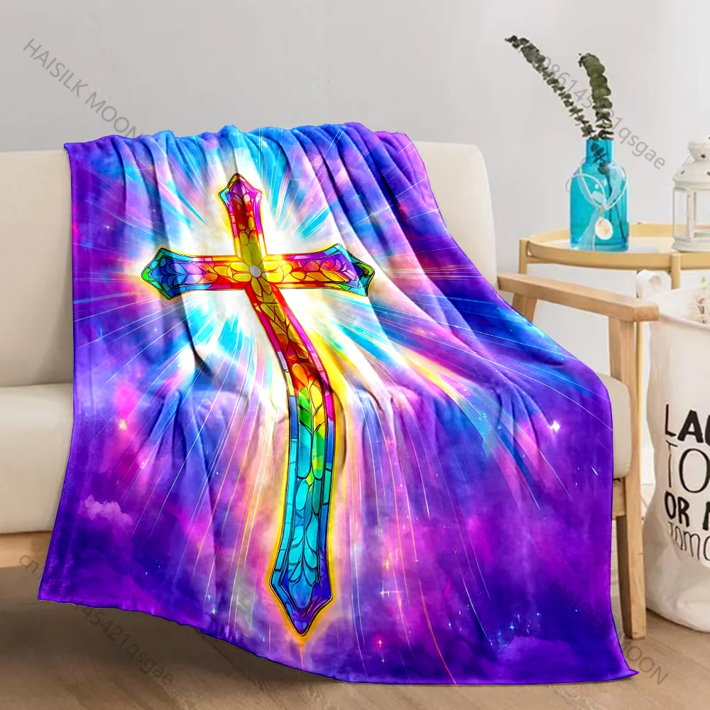 1PC Stained Glass Cross Glow Print Believer Pray blanket Warm soft flannel material suitable for all seasons luxurious gift