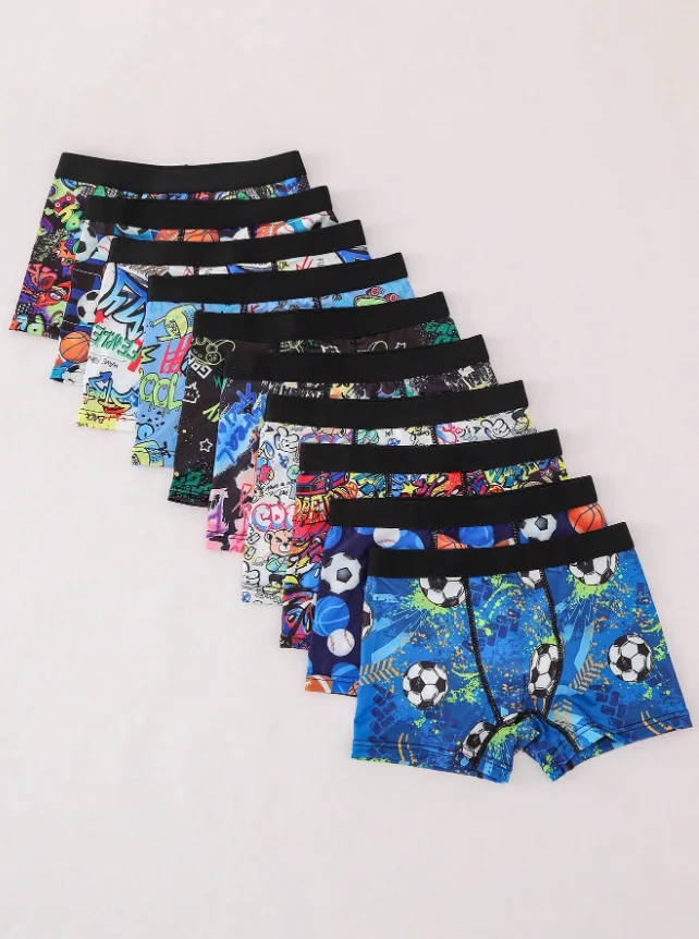 10 Pieces of Fun Digital-Printed Knitted Milk Silk Boys' Boxer Shorts, Soft and Comfortable Fabric That Is Skin-Friendly, Suitable for Summer Beach Wear, Can Be Used as Sleep Pants, Can Be Worn in All Seasons, and Won'T Get in the Way during Movement