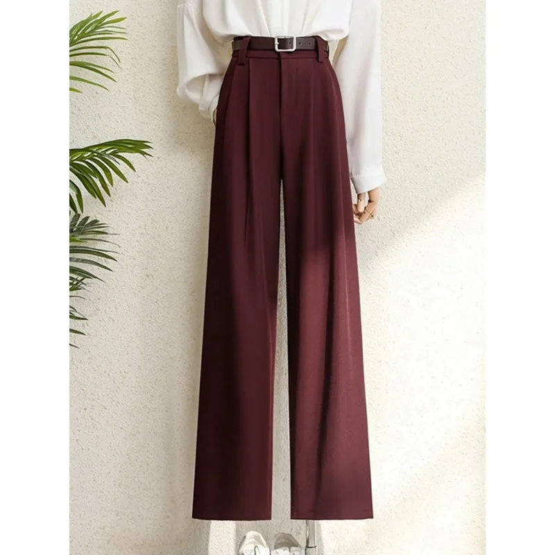 2026 New Burgundy Suits Pants for Women Office Lady Elegant High Waist Wide Leg Fashion Trousers with Pockets Black Gray