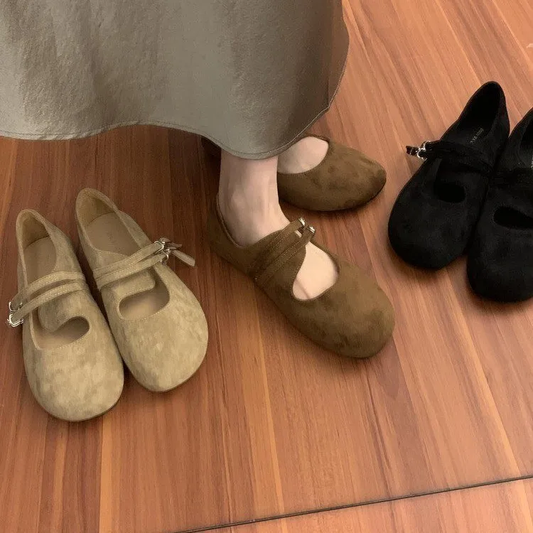 حذاء نسائي بدون كعب مسطح برأس مستدير من جلد الغزال للربيع والخريف بإبزيم أنيق كاجوال ناعم ومريح بكعب منخفض. #2