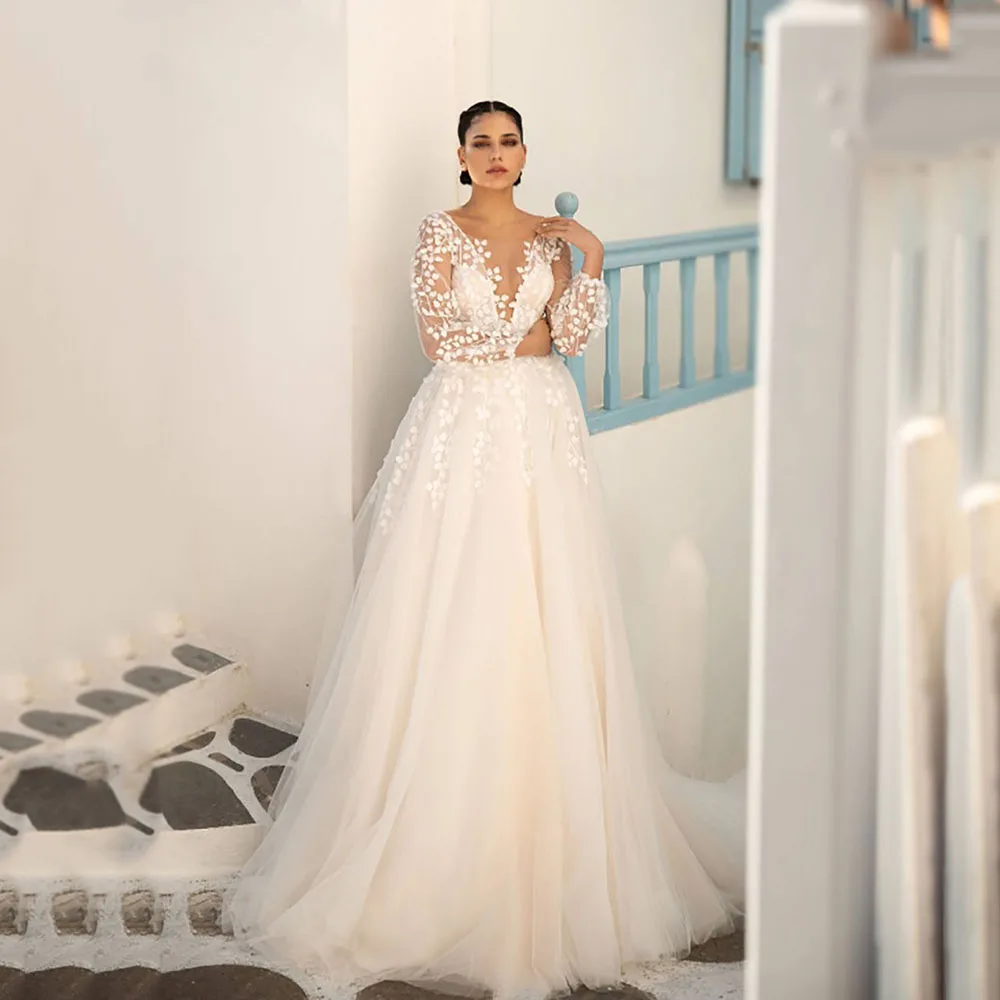 

Msikoods 2025 Boho A Line Wedding Dresses Illusion Lace Appliques Long Sleeve Tulle Deep V Backless Bridal Dresses Customized