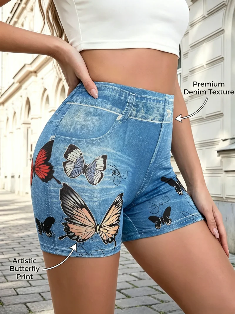 Summer Women High Waist Booty Lifting Leggings Breathable Comfy Faux Denim Butterfly Print Patterns Perfect for Yoga Casual Wear