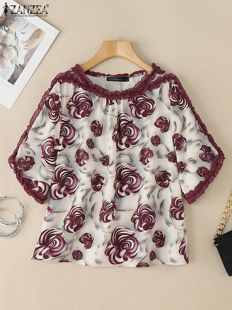 

ZANZEA Bohemian Summer Floral Print Blouse Women Tops 2025 Fashion Casual Half Sleeve Chiffon Shirts Lace Ruffled Blusas Beach