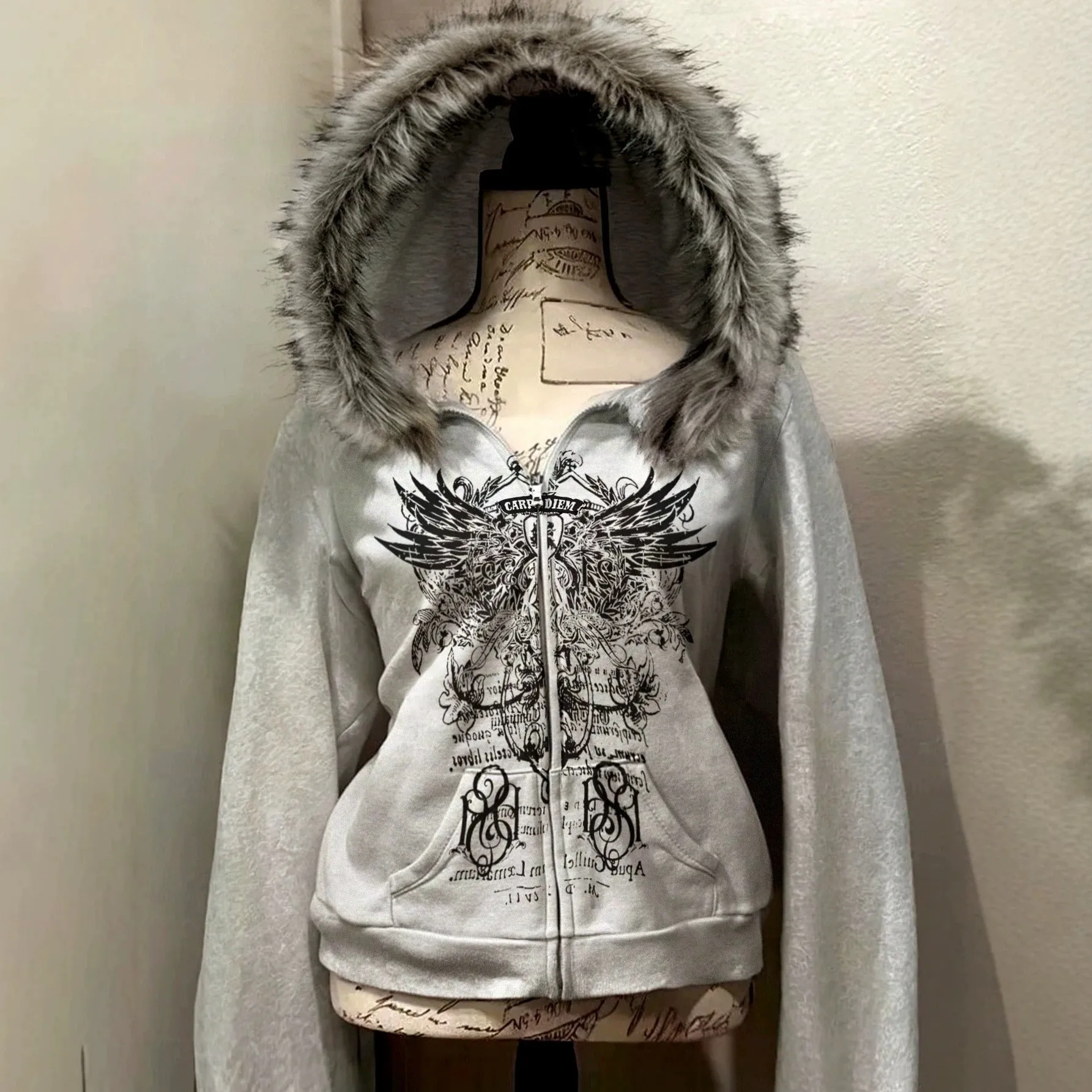 Women Y2K Zip Up Hoodie Grey Faux Fur Trim Hood Angel Wings Graphic Grunge Gothic Oversized Vintage Winter Streetwear Jacket