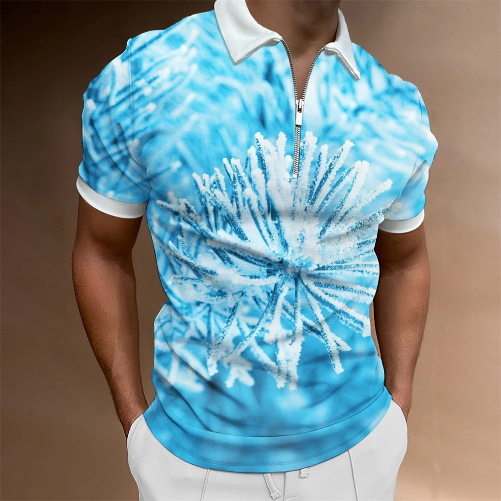 Men\'s Fashion Polo Shirts 2022 Summer Glacier Pattern Zipper Mens Polo Shirt Solid T-shirt Brand Short-sleeved Shirt Casual Tops