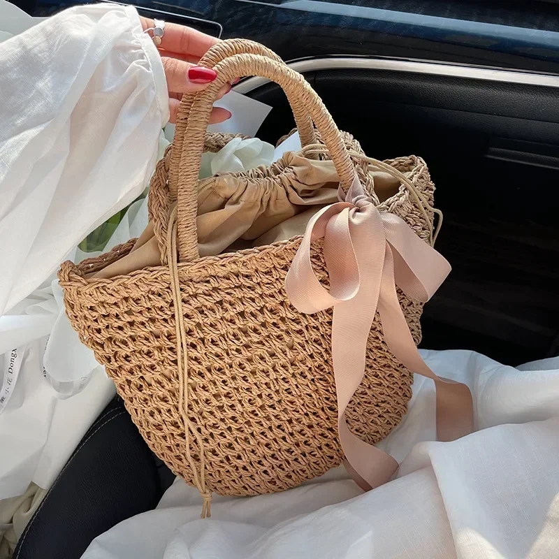 Bow Decors Bucket Shoulder Bags Handmade Straw Hollow Out Bag Summer Female Travel Beach Bag Purse Vintage Handbags Bolsa