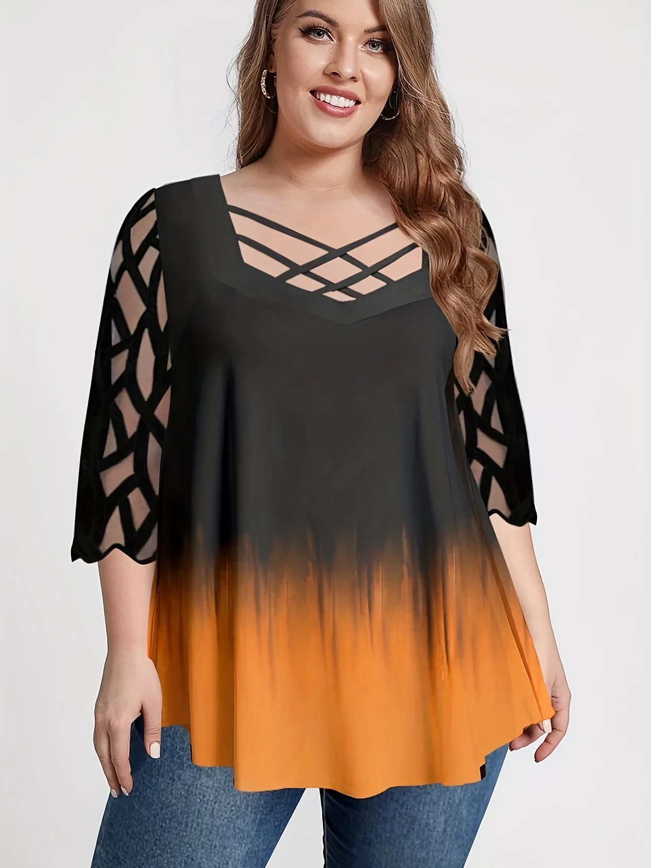 Plus Size Elegant Top, Women\'s Plus Ombre Print Contrast Mesh Criss Cross Long Sleeve T-shirt