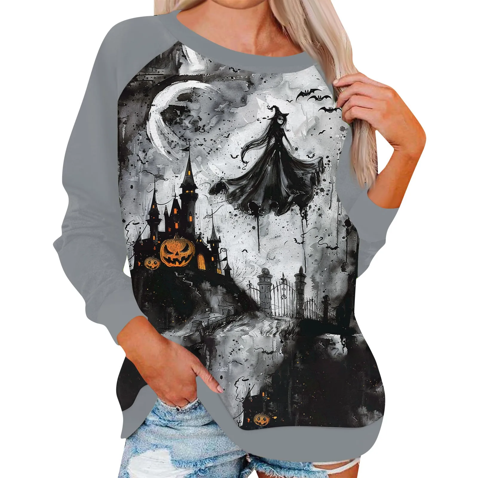 

Women'S Raglan Sleeve Pullovers Daily Basic Regular Round Neck Long Sleeve Halloween Print Sweatshirt Tops Casual Loose Tops