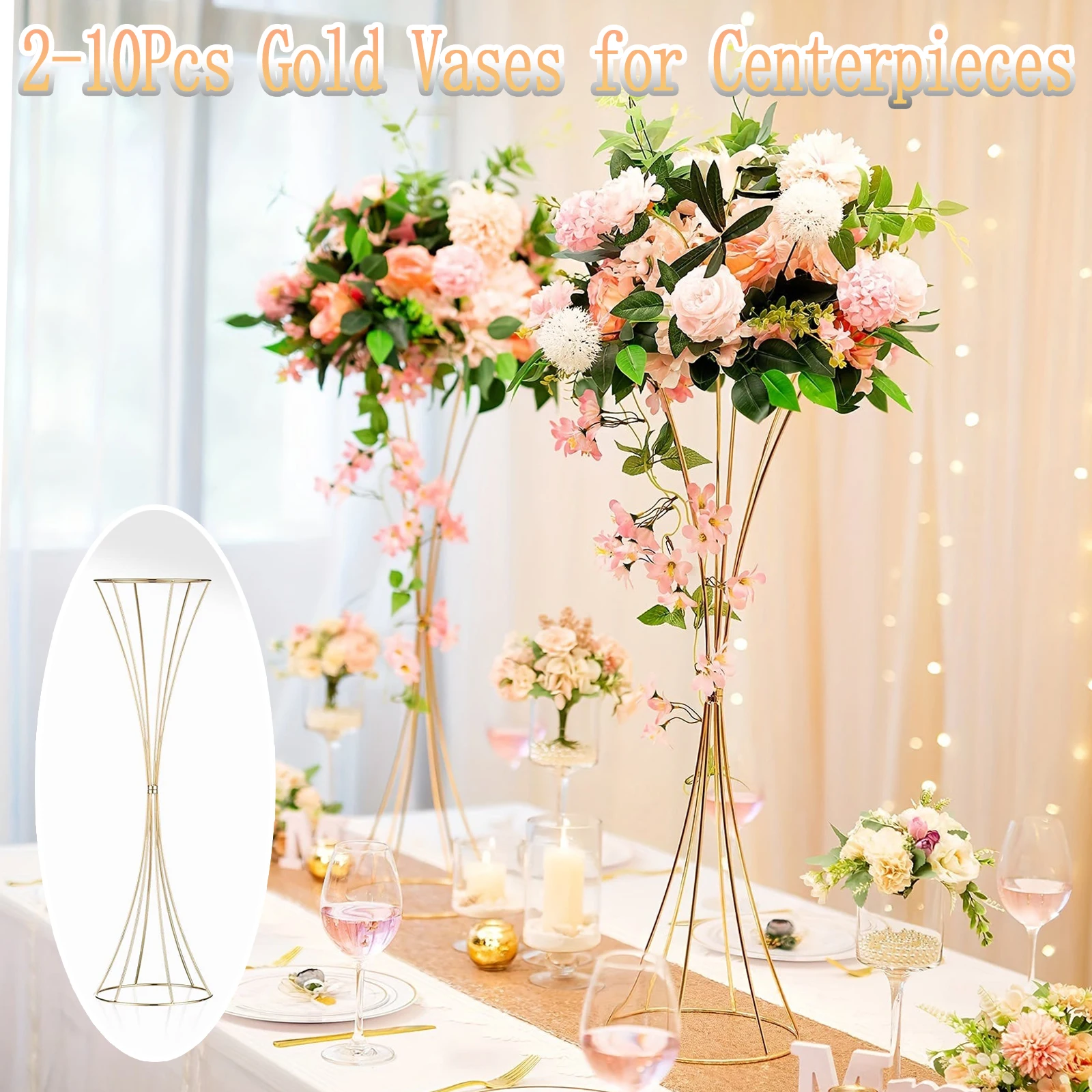 2-10Pcs Gold Vases 18inch Table Centerpieces Metal Trumpet Flower Stand Road Lead for Wedding Party Christmas Home Decoration