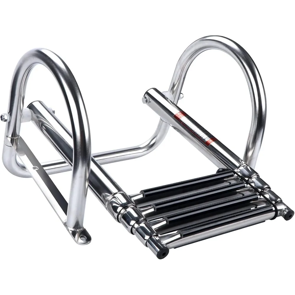 Escada dobrável telescópica de aço inoxidável para barcos pontões com pedal e corrimãos seguros