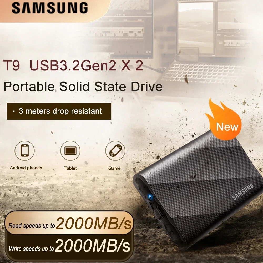 سامسونج T9 محمول SSD 4 تيرابايت USB 3.2 Gen 2x2 محرك أقراص الحالة الصلبة الخارجي Seq. قراءة السرعات تصل إلى 2,000 ميجابايت/ثانية لمحترفي الألعاب