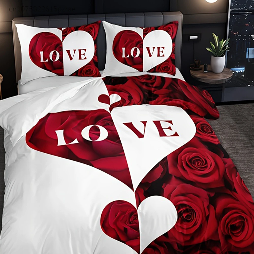 Love Rose Letter Print Duvet Cover Set - Romantic Red White Design With 1 Duvet Cover + 2 Pillowcases, High-Definition Print