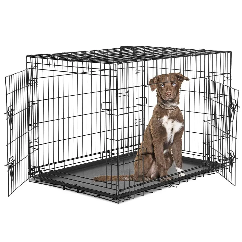 

Переносная клетка для собак Crate Medium 36 дюймов с двойной дверцей, металлическая проволочная будка для животных с надежным замком, герметичным поддоном и складной конструкцией