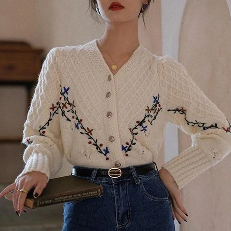 

Flower Embroidery Cardigan Women Korean Fashion Sweet Coat V Neck Knitted Hook Autumn Winter Long Sleeve Casual Cropped Sweater