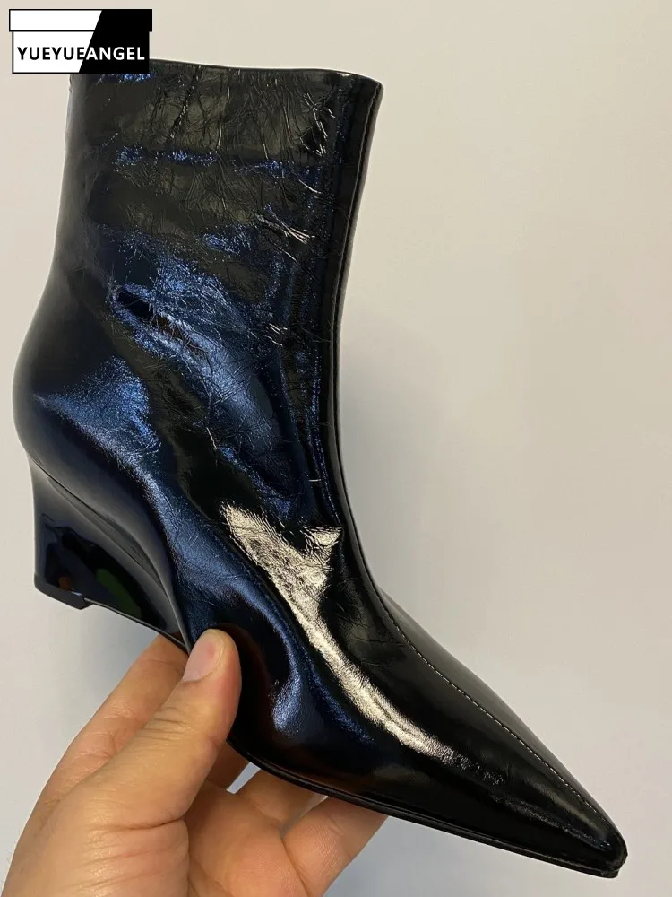 

Лаконичный стиль, однотонные ботильоны из воловьей кожи с острым носком, ботильоны высшего качества, женская обувь ручной работы из натуральной кожи на молнии на танкетке