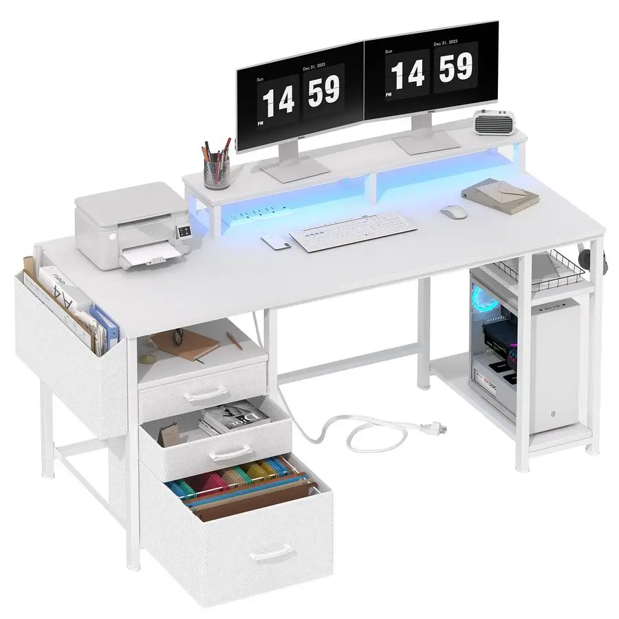 مكتب كمبيوتر أبيض مع خزانة أدراج الملفات، مكتب مكتب منزلي مقاس 55 بوصة مع أرفف حامل شاشة، مكاتب ألعاب دراسة الكتابة مع