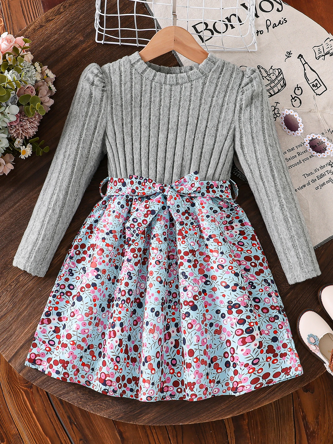 Spring and Autumn Girls' Simple Casual Versatile Knitted Round-Neck Long-Sleeve Floral Dress, Everyday Casual Dress for Girls, Can Be Used as a Holiday Gift, Eid, Easter, Carnival, Spring Festival