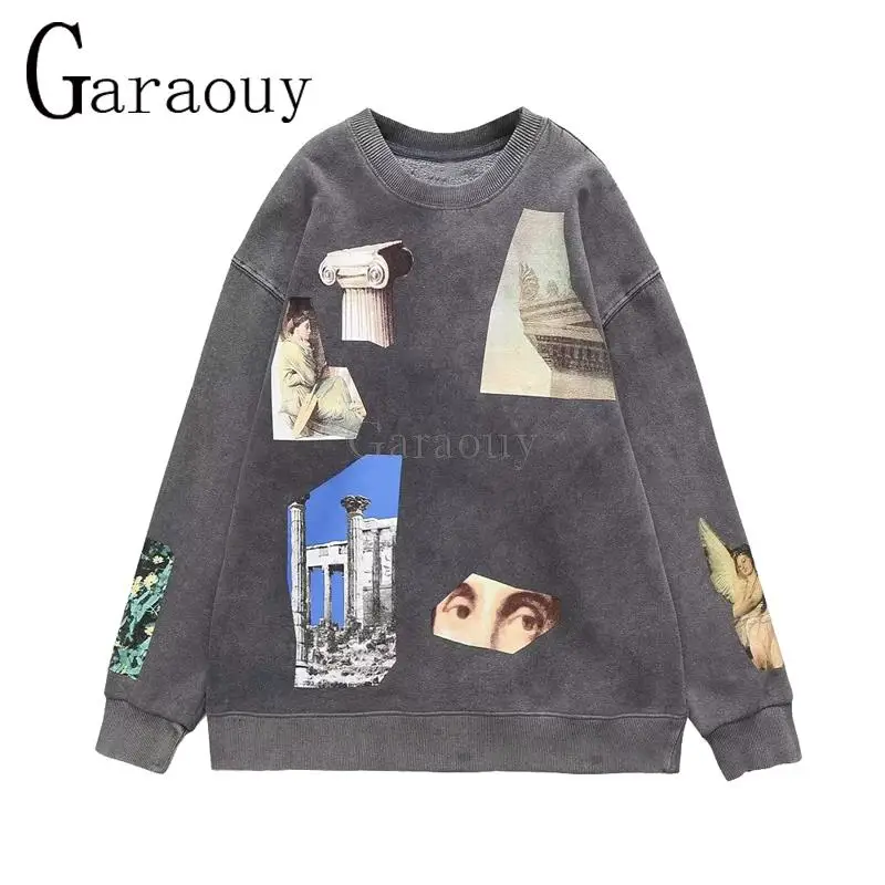 Garaouy 2023 Spring New Woman Chic Grey Character Printing Sweatshirt Female Loose Leisure Pullover O Neck Streetwear Tops Mujer