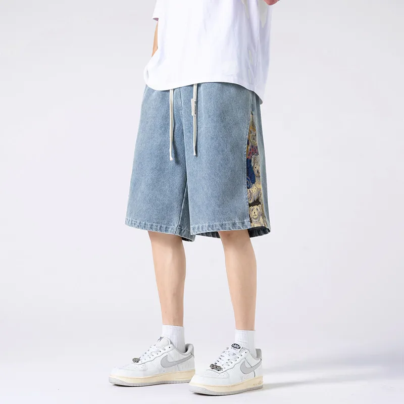 

Denim Shorts Men Summer High Street Washed Patchwork Five Point Pants Straight Knee-Length Loose Casual Bermuda Jeans Short Male