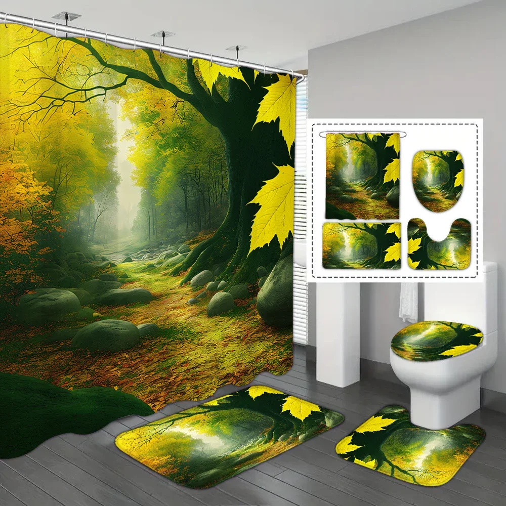 4-piece set of natural landscape prints on large trees, 12 hook waterproof shower curtain, bathroom floor mat, U-shaped mat